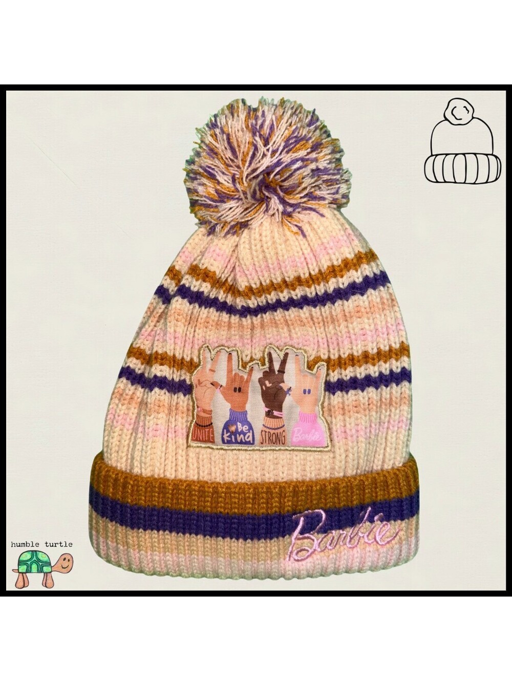 Barbie Be Kind Strong Unite Pom Pom Knit Beanie Hat OSFM